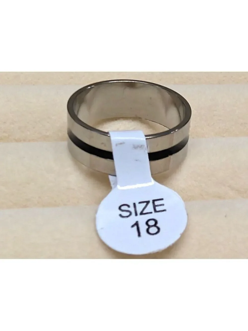 New Stainless Steel Grooved Ring Size 7.75 Silver Tone Black Enamel Band Goth